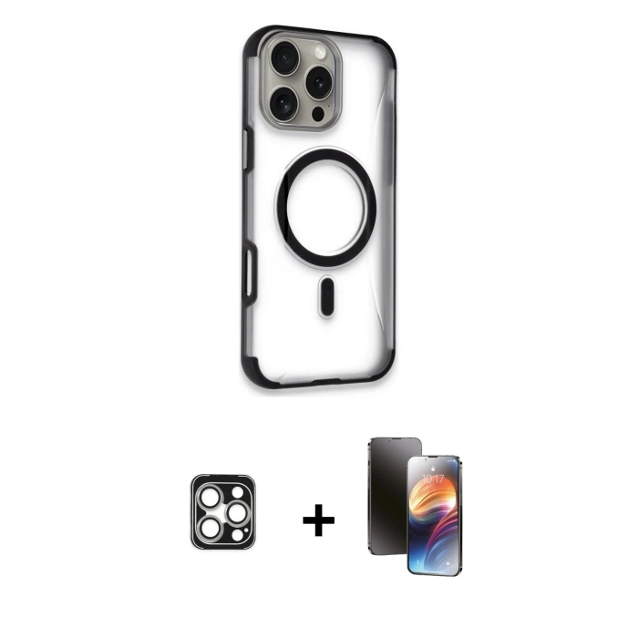MARSİLYAN™- iPhone 16 Pro Max Kılıf Eksen Klasik Koleksiyonu - Siyah 3D Antistatik Mat Seramik Nano Ekran Koruyucu + PVD Metal Kamera Lens - GS