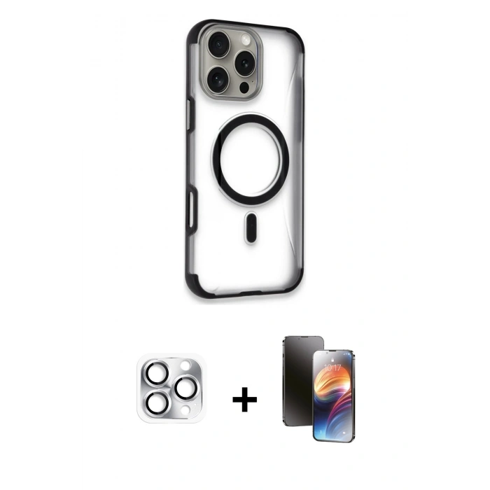 MARSİLYAN™- iPhone 16 Pro Max Kılıf Eksen Klasik Koleksiyonu - Siyah 3D Antistatik Mat Seramik Nano Ekran Koruyucu + Pers Alüminyum Kamera Lens - GS
