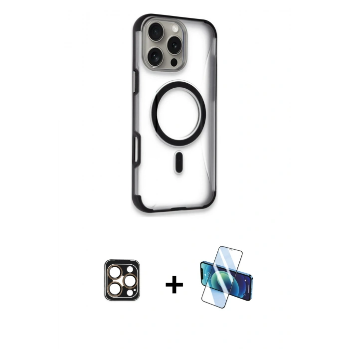 MARSİLYAN™- iPhone 16 Pro Max Kılıf Eksen Klasik Koleksiyonu - Siyah 3D Antistatik Seramik Nano Ekran Koruyucu + PVD Metal Kamera Lens - GD