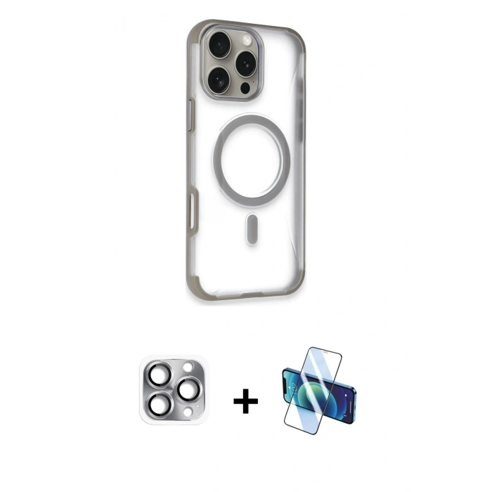 MARSİLYAN™- iPhone 16 Pro Max Kılıf Eksen Klasik Koleksiyonu - Siyah 3D Antistatik Seramik Nano Ekran Koruyucu + Gri Pers Alüminyum Kamera Lens