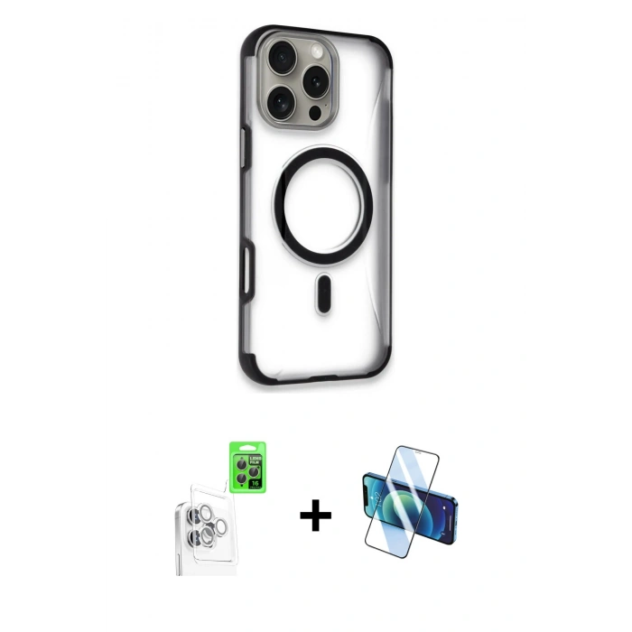 MARSİLYAN™- iPhone 16 Pro Max Kılıf Eksen Klasik Koleksiyonu - Siyah 3D Antistatik Seramik Nano Ekran Koruyucu + Raze Metal Kamera Lens - BZ
