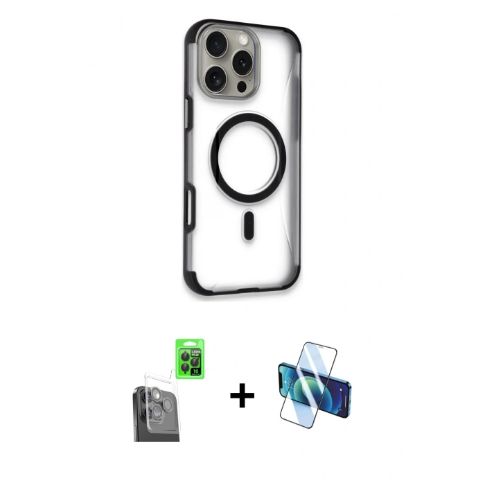 MARSİLYAN™- iPhone 16 Pro Max Kılıf Eksen Klasik Koleksiyonu - Siyah 3D Antistatik Seramik Nano Ekran Koruyucu + Raze Metal Kamera Lens - SH