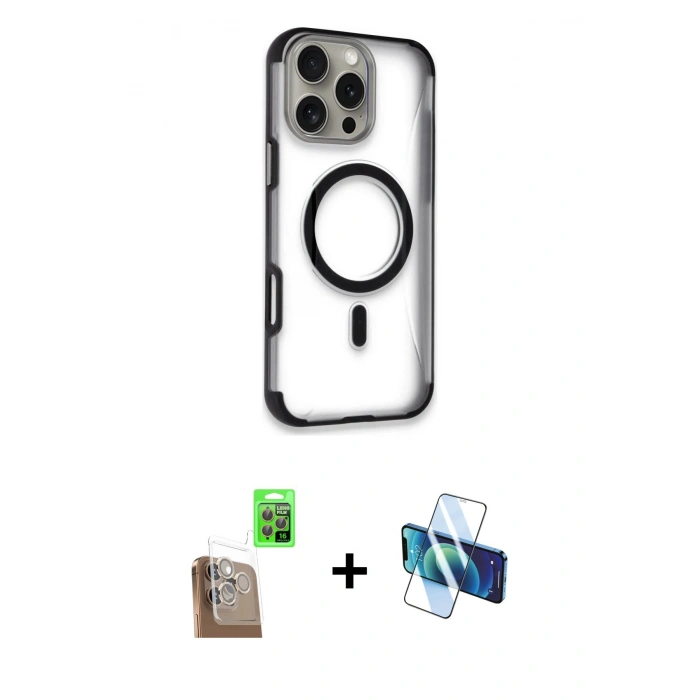 MARSİLYAN™- iPhone 16 Pro Max Kılıf Eksen Klasik Koleksiyonu - Siyah 3D Antistatik Seramik Nano Ekran Koruyucu + Raze Metal Kamera Lens - CLTM