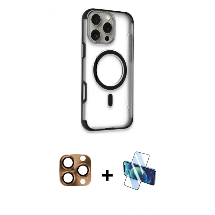 MARSİLYAN™- iPhone 16 Pro Max Kılıf Eksen Klasik Koleksiyonu - Siyah 3D Antistatik Seramik Nano Ekran Koruyucu + Pers Alüminyum Kamera Lens - CLTM