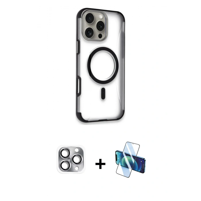 MARSİLYAN™- iPhone 16 Pro Max Kılıf Eksen Klasik Koleksiyonu - Siyah 3D Antistatik Seramik Nano Ekran Koruyucu + Gri Pers Alüminyum Kamera Lens
