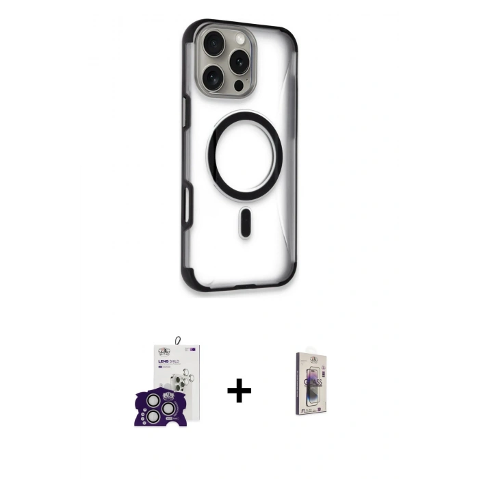 MARSİLYAN™- iPhone 16 Pro Max Kılıf Eksen Klasik Koleksiyonu - Siyah Bilvis 3D Cam Ekran Koruyucu + Bilvis Titan Kamera Lens - GS