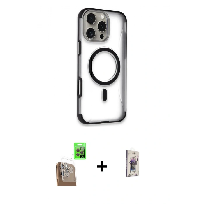 MARSİLYAN™- iPhone 16 Pro Max Kılıf Eksen Klasik Koleksiyonu - Siyah Bilvis 3D Cam Ekran Koruyucu + Raze Metal Kamera Lens - CLTM