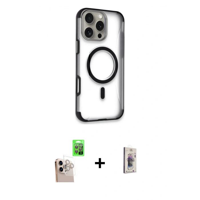 MARSİLYAN™- iPhone 16 Pro Max Kılıf Eksen Klasik Koleksiyonu - Siyah Bilvis 3D Cam Ekran Koruyucu + Raze Metal Kamera Lens - NLGY