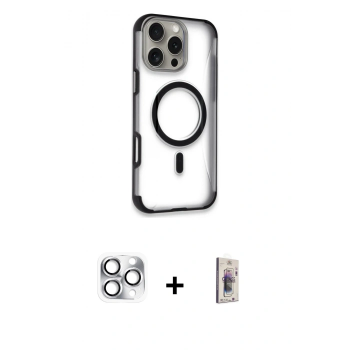 MARSİLYAN™- iPhone 16 Pro Max Kılıf Eksen Klasik Koleksiyonu - Siyah Bilvis 3D Cam Ekran Koruyucu + Pers Alüminyum Kamera Lens - GS