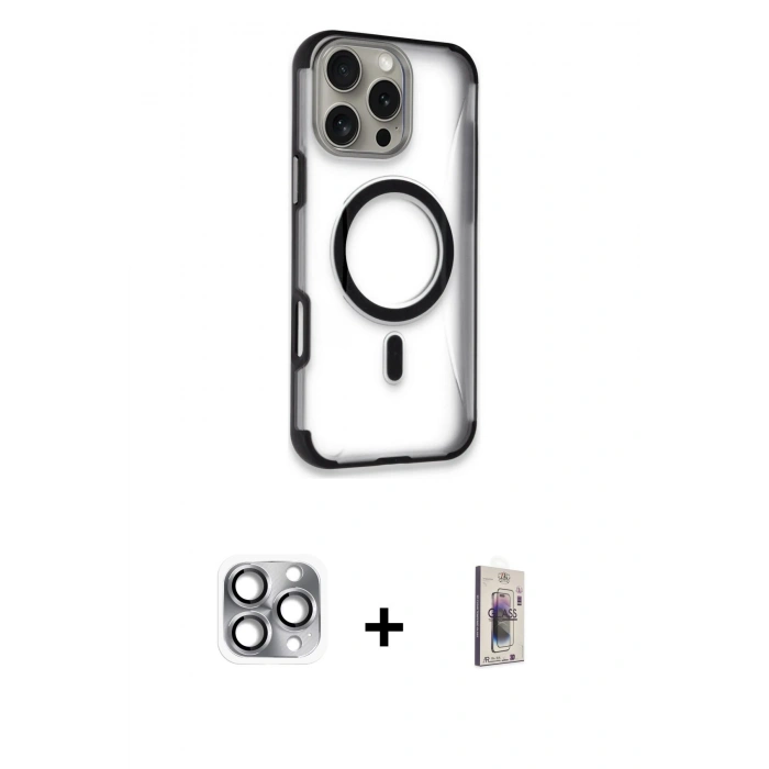MARSİLYAN™- iPhone 16 Pro Max Kılıf Eksen Klasik Koleksiyonu - Siyah Bilvis 3D Cam Ekran Koruyucu + Pers Alüminyum Kamera Lens - GI