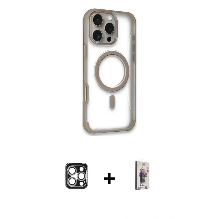 MARSİLYAN™- iPhone 16 Pro Max Kılıf Eksen Klasik Koleksiyonu - Siyah Bilvis 3D Cam Ekran Koruyucu + PVD Metal Kamera Lens - GS
