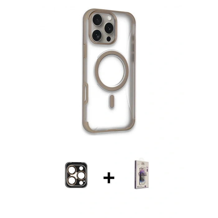 MARSİLYAN™- iPhone 16 Pro Max Kılıf Eksen Klasik Koleksiyonu - Siyah Bilvis 3D Cam Ekran Koruyucu + PVD Metal Kamera Lens - GD