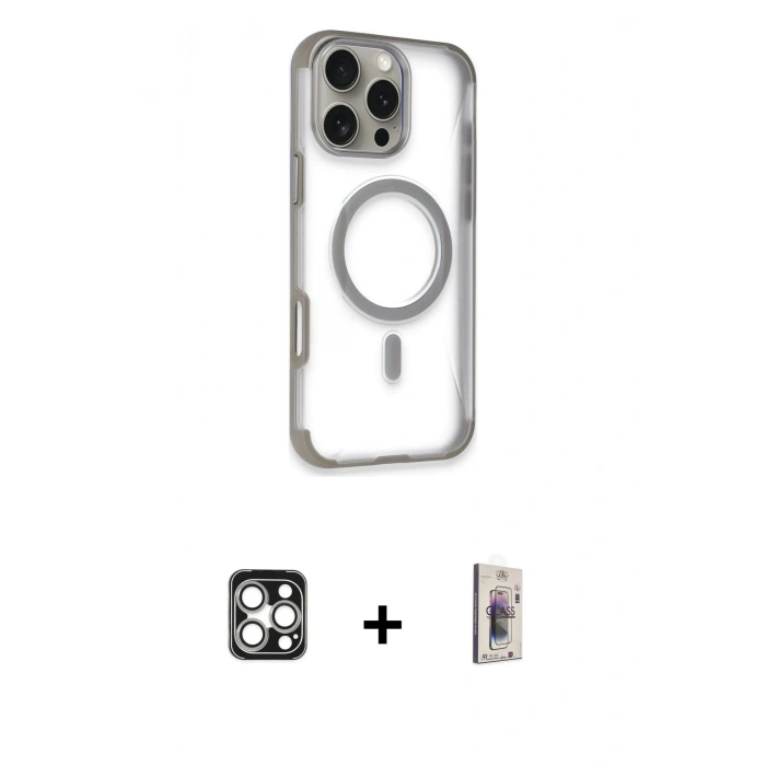 MARSİLYAN™- iPhone 16 Pro Max Kılıf Eksen Klasik Koleksiyonu - Siyah Bilvis 3D Cam Ekran Koruyucu + PVD Metal Kamera Lens - GS