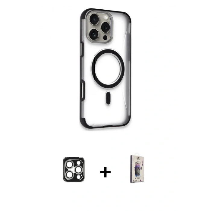 MARSİLYAN™- iPhone 16 Pro Max Kılıf Eksen Klasik Koleksiyonu - Siyah Bilvis 3D Cam Ekran Koruyucu + PVD Metal Kamera Lens - GS