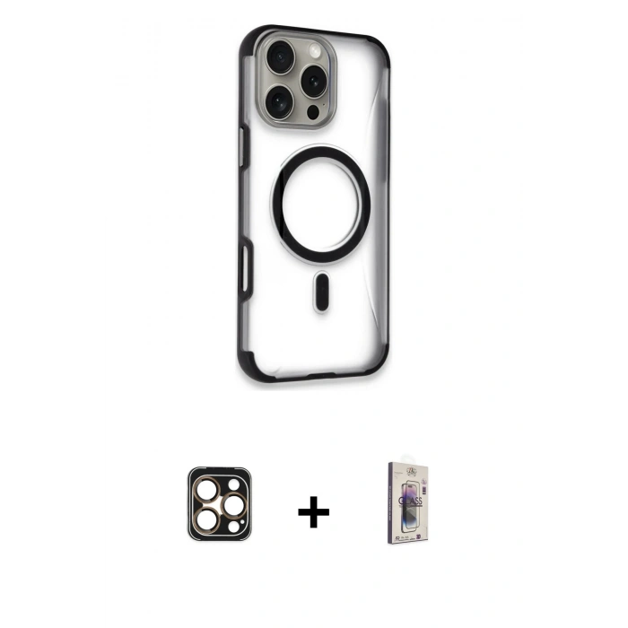 MARSİLYAN™- iPhone 16 Pro Max Kılıf Eksen Klasik Koleksiyonu - Siyah Bilvis 3D Cam Ekran Koruyucu + PVD Metal Kamera Lens - GD