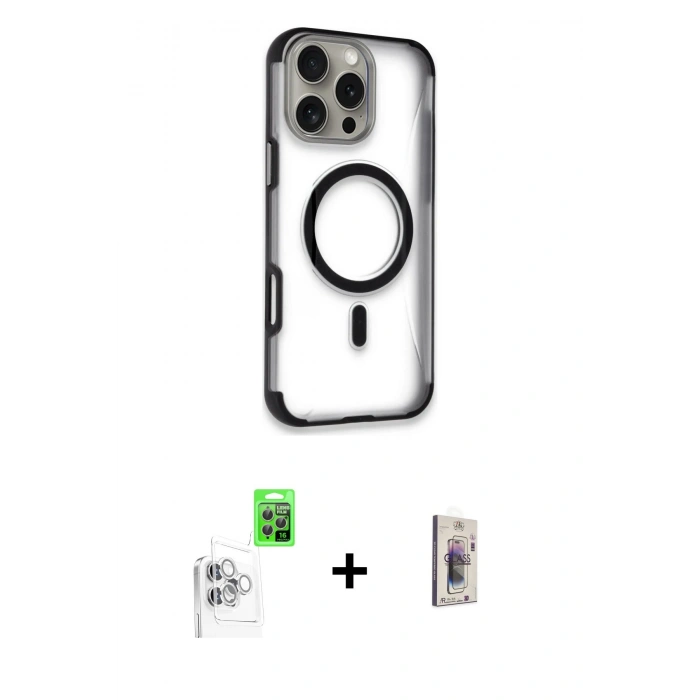 MARSİLYAN™- iPhone 16 Pro Max Kılıf Eksen Klasik Koleksiyonu - Siyah Bilvis 3D Cam Ekran Koruyucu + Raze Metal Kamera Lens - BZ
