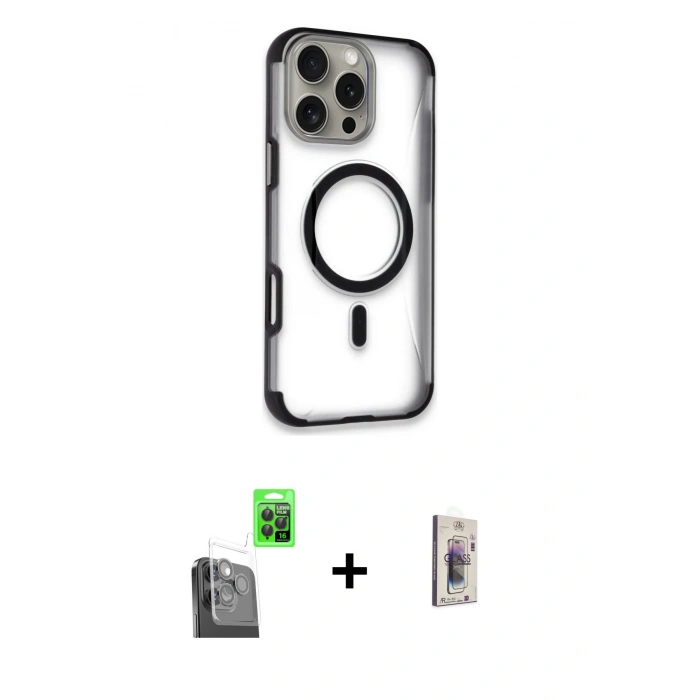 MARSİLYAN™- iPhone 16 Pro Max Kılıf Eksen Klasik Koleksiyonu - Siyah Bilvis 3D Cam Ekran Koruyucu + Raze Metal Kamera Lens - SH