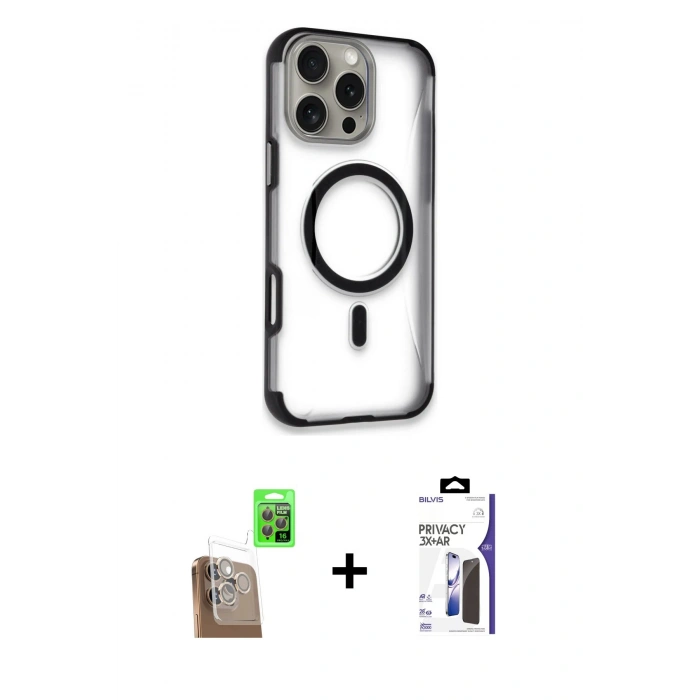 MARSİLYAN™- iPhone 16 Pro Max Kılıf Eksen Klasik Koleksiyonu - Siyah Bilvis 3X AR Hayalet Cam Ekran Koruyucu + Raze Metal Kamera Lens - CLTM
