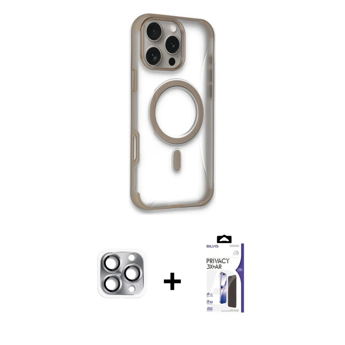 MARSİLYAN™- iPhone 16 Pro Max Kılıf Eksen Klasik Koleksiyonu - Siyah Bilvis 3X AR Hayalet Cam Ekran Koruyucu + Pers Alüminyum Kamera Lens - GI