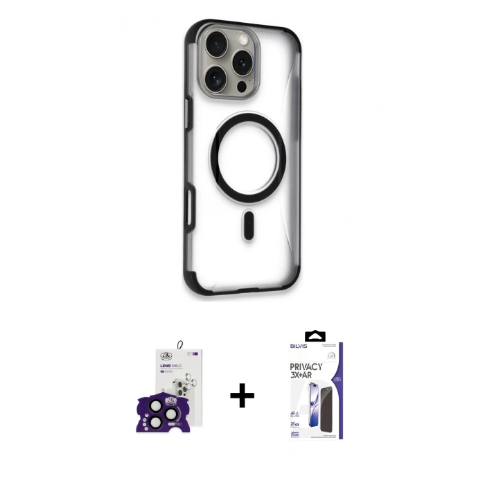 MARSİLYAN™- iPhone 16 Pro Max Kılıf Eksen Klasik Koleksiyonu - Siyah Bilvis 3X AR Hayalet Cam Ekran Koruyucu + Bilvis Titan Kamera Lens - SH