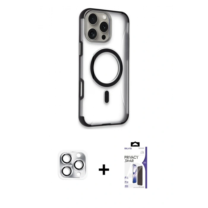 MARSİLYAN™- iPhone 16 Pro Max Kılıf Eksen Klasik Koleksiyonu - Siyah Bilvis 3X AR Hayalet Cam Ekran Koruyucu + Pers Alüminyum Kamera Lens - GS