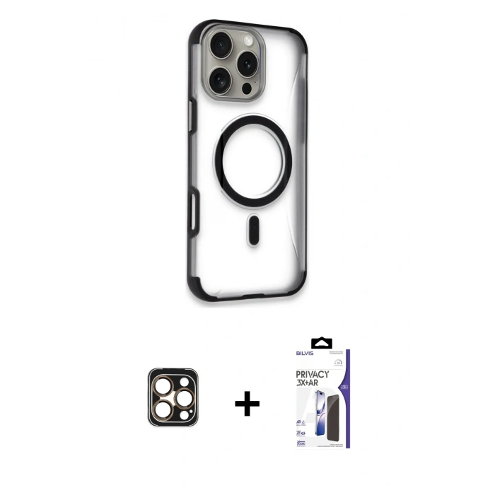 MARSİLYAN™- iPhone 16 Pro Max Kılıf Eksen Klasik Koleksiyonu - Siyah Bilvis 3X AR Hayalet Cam Ekran Koruyucu + PVD Metal Kamera Lens - GD