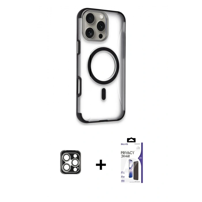 MARSİLYAN™- iPhone 16 Pro Max Kılıf Eksen Klasik Koleksiyonu - Siyah Bilvis 3X AR Hayalet Cam Ekran Koruyucu + PVD Metal Kamera Lens - GS