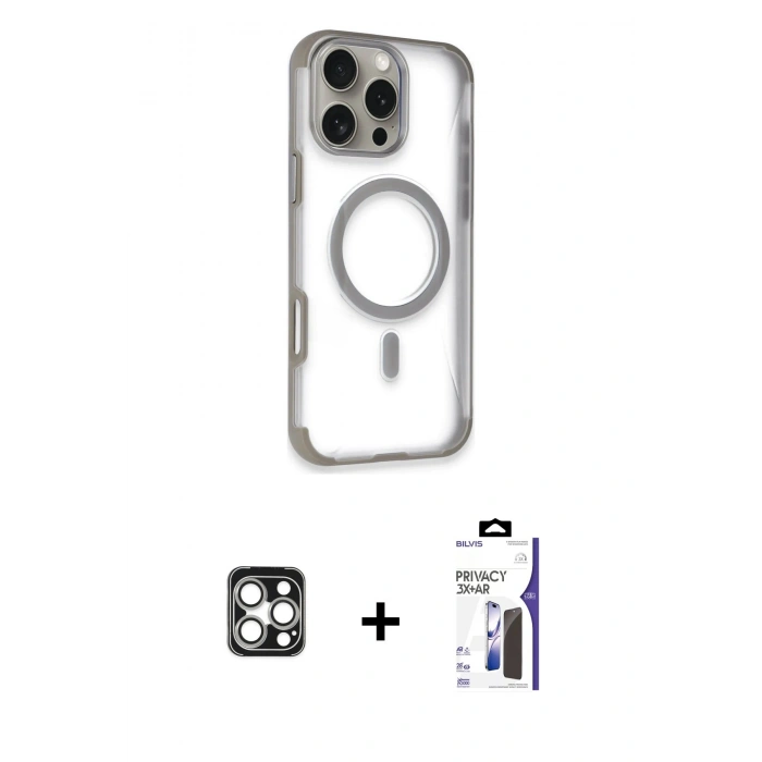 MARSİLYAN™- iPhone 16 Pro Max Kılıf Eksen Klasik Koleksiyonu - Siyah Bilvis 3X AR Hayalet Cam Ekran Koruyucu + PVD Metal Kamera Lens - GS