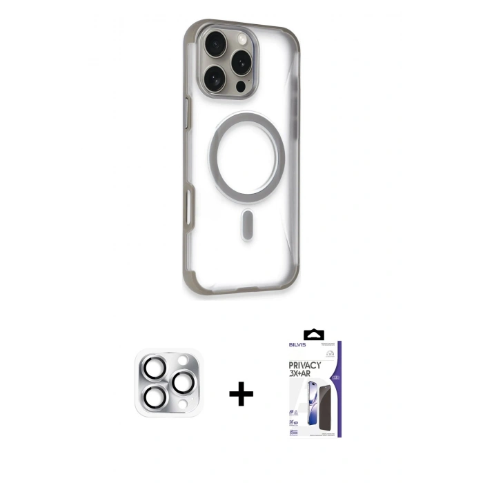 MARSİLYAN™- iPhone 16 Pro Max Kılıf Eksen Klasik Koleksiyonu - Siyah Bilvis 3X AR Hayalet Cam Ekran Koruyucu + Pers Alüminyum Kamera Lens - GS