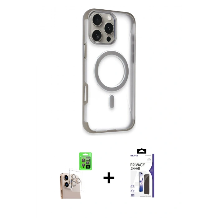 MARSİLYAN™- iPhone 16 Pro Max Kılıf Eksen Klasik Koleksiyonu - Siyah Bilvis 3X AR Hayalet Cam Ekran Koruyucu + Raze Metal Kamera Lens - NLGY