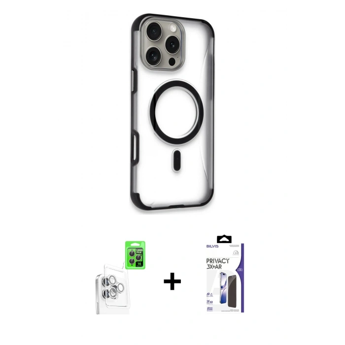 MARSİLYAN™- iPhone 16 Pro Max Kılıf Eksen Klasik Koleksiyonu - Siyah Bilvis 3X AR Hayalet Cam Ekran Koruyucu + Raze Metal Kamera Lens - BZ