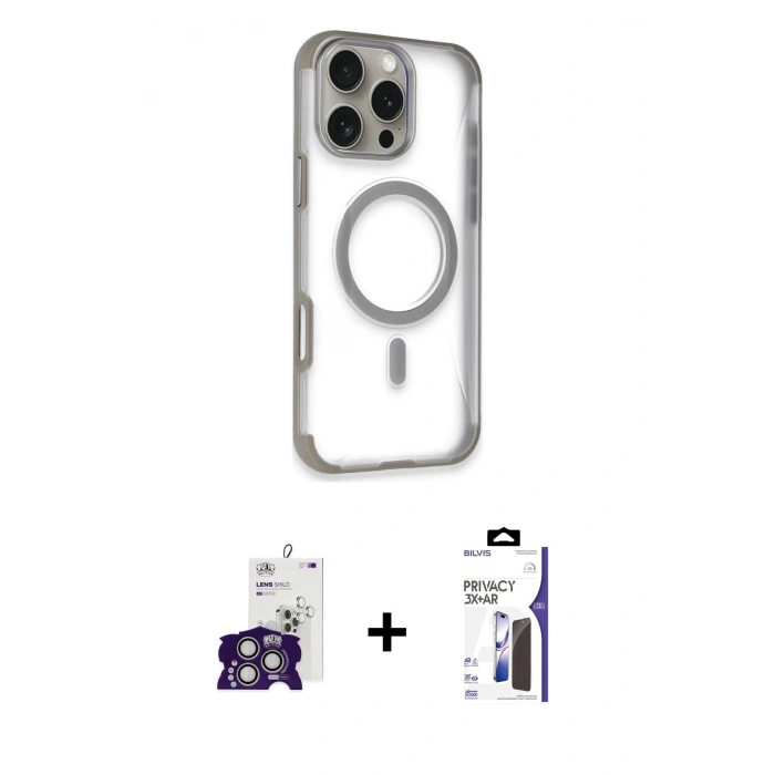 MARSİLYAN™- iPhone 16 Pro Max Kılıf Eksen Klasik Koleksiyonu - Siyah Bilvis 3X AR Hayalet Cam Ekran Koruyucu + Bilvis Titan Kamera Lens - GS
