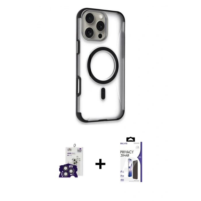 MARSİLYAN™- iPhone 16 Pro Max Kılıf Eksen Klasik Koleksiyonu - Siyah Bilvis 3X AR Hayalet Cam Ekran Koruyucu + Bilvis Titan Kamera Lens - TMGI