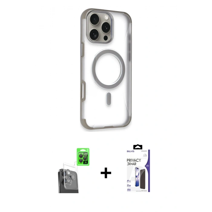 MARSİLYAN™- iPhone 16 Pro Max Kılıf Eksen Klasik Koleksiyonu - Siyah Bilvis 3X AR Hayalet Cam Ekran Koruyucu + Raze Metal Kamera Lens - SH