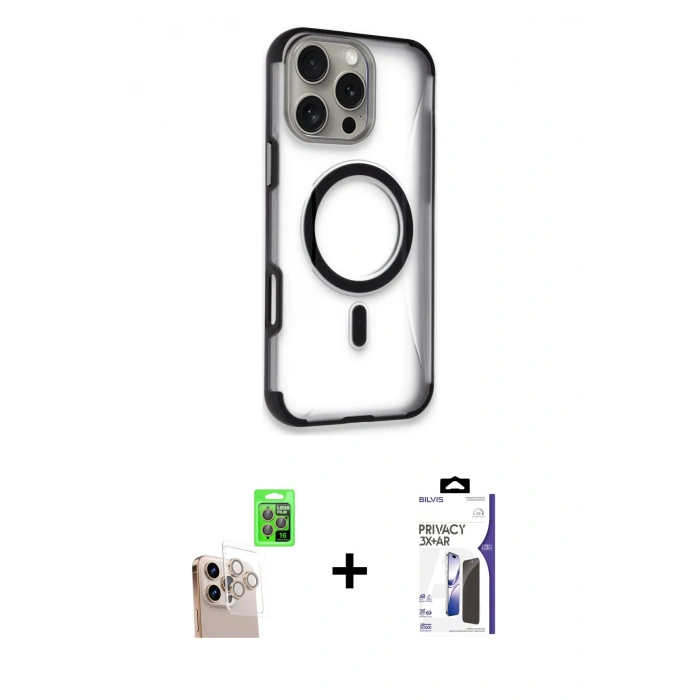 MARSİLYAN™- iPhone 16 Pro Max Kılıf Eksen Klasik Koleksiyonu - Siyah Bilvis 3X AR Hayalet Cam Ekran Koruyucu + Raze Metal Kamera Lens - NLGY