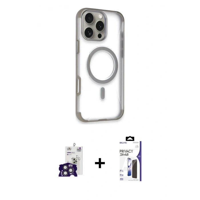 MARSİLYAN™- iPhone 16 Pro Max Kılıf Eksen Klasik Koleksiyonu - Siyah Bilvis 3X AR Hayalet Cam Ekran Koruyucu + Bilvis Titan Kamera Lens - TMGI