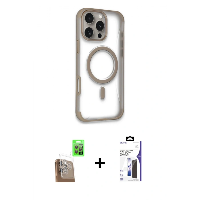 MARSİLYAN™- iPhone 16 Pro Max Kılıf Eksen Klasik Koleksiyonu - Siyah Bilvis 3X AR Hayalet Cam Ekran Koruyucu + Raze Metal Kamera Lens - CLTM