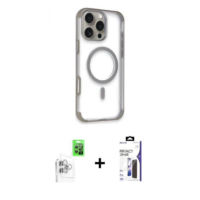 MARSİLYAN™- iPhone 16 Pro Max Kılıf Eksen Klasik Koleksiyonu - Siyah Bilvis 3X AR Hayalet Cam Ekran Koruyucu + Raze Metal Kamera Lens - BZ