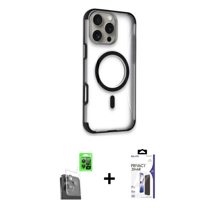 MARSİLYAN™- iPhone 16 Pro Max Kılıf Eksen Klasik Koleksiyonu - Siyah Bilvis 3X AR Hayalet Cam Ekran Koruyucu + Raze Metal Kamera Lens - SH