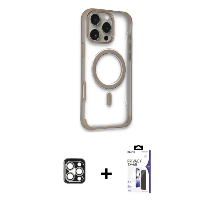 MARSİLYAN™- iPhone 16 Pro Max Kılıf Eksen Klasik Koleksiyonu - Siyah Bilvis 3X AR Hayalet Cam Ekran Koruyucu + PVD Metal Kamera Lens - GS