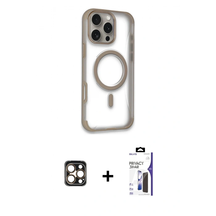 MARSİLYAN™- iPhone 16 Pro Max Kılıf Eksen Klasik Koleksiyonu - Siyah Bilvis 3X AR Hayalet Cam Ekran Koruyucu + PVD Metal Kamera Lens - GD