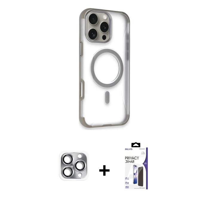MARSİLYAN™- iPhone 16 Pro Max Kılıf Eksen Klasik Koleksiyonu - Siyah Bilvis 3X AR Hayalet Cam Ekran Koruyucu + Pers Alüminyum Kamera Lens - GI