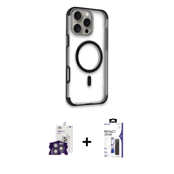 MARSİLYAN™- iPhone 16 Pro Max Kılıf Eksen Klasik Koleksiyonu - Siyah Bilvis 3X AR Hayalet Cam Ekran Koruyucu + Bilvis Titan Kamera Lens - GS