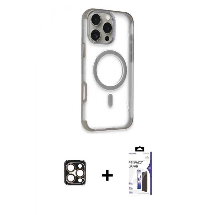 MARSİLYAN™- iPhone 16 Pro Max Kılıf Eksen Klasik Koleksiyonu - Siyah Bilvis 3X AR Hayalet Cam Ekran Koruyucu + PVD Metal Kamera Lens - GD