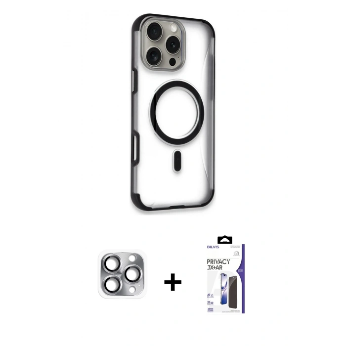 MARSİLYAN™- iPhone 16 Pro Max Kılıf Eksen Klasik Koleksiyonu - Siyah Bilvis 3X AR Hayalet Cam Ekran Koruyucu + Pers Alüminyum Kamera Lens - GI