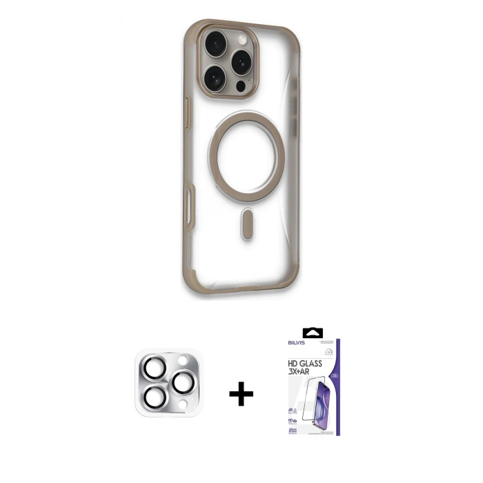 MARSİLYAN™- iPhone 16 Pro Max Kılıf Eksen Klasik Koleksiyonu - Siyah Bilvis 3X AR HD Cam Ekran Koruyucu + Pers Alüminyum Kamera Lens - GS