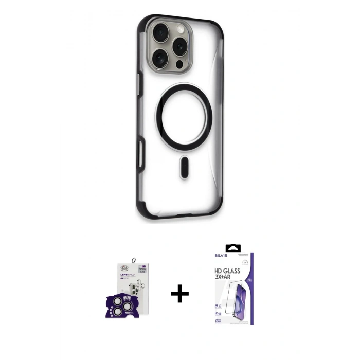 MARSİLYAN™- iPhone 16 Pro Max Kılıf Eksen Klasik Koleksiyonu - Siyah Bilvis 3X AR HD Cam Ekran Koruyucu + Bilvis Titan Kamera Lens - TMGI