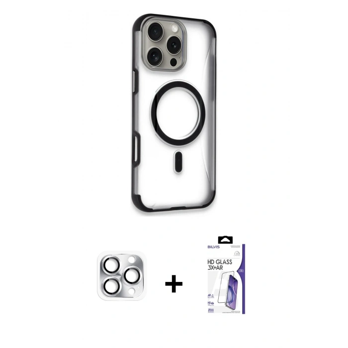 MARSİLYAN™- iPhone 16 Pro Max Kılıf Eksen Klasik Koleksiyonu - Siyah Bilvis 3X AR HD Cam Ekran Koruyucu + Pers Alüminyum Kamera Lens - GS