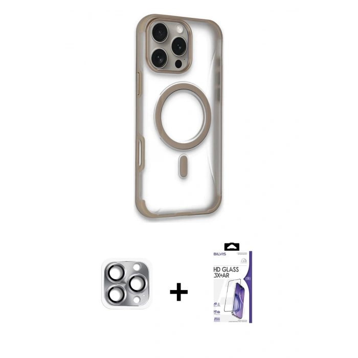 MARSİLYAN™- iPhone 16 Pro Max Kılıf Eksen Klasik Koleksiyonu - Siyah Bilvis 3X AR HD Cam Ekran Koruyucu + Pers Alüminyum Kamera Lens - GI