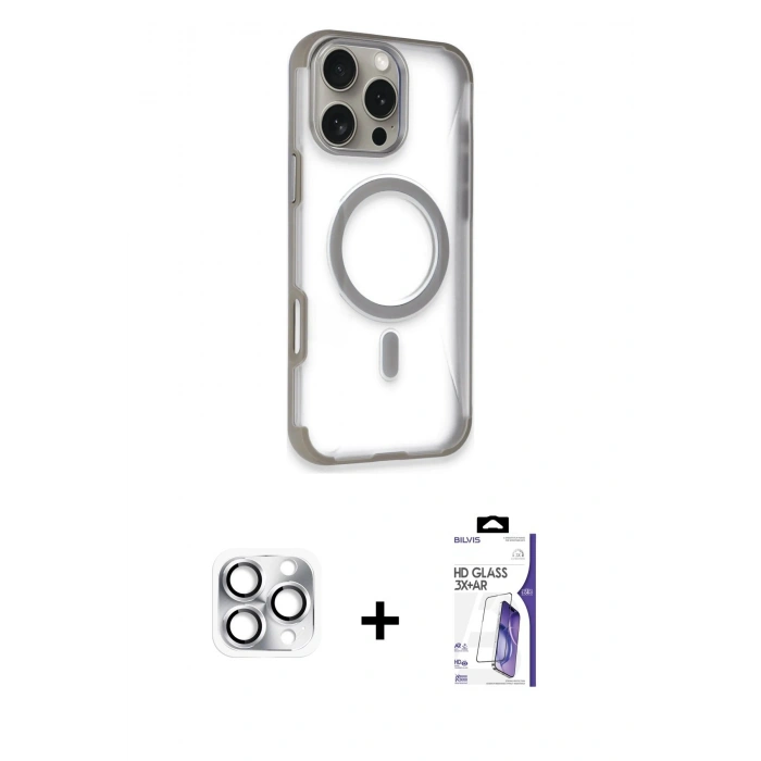 MARSİLYAN™- iPhone 16 Pro Max Kılıf Eksen Klasik Koleksiyonu - Siyah Bilvis 3X AR HD Cam Ekran Koruyucu + Pers Alüminyum Kamera Lens - GS